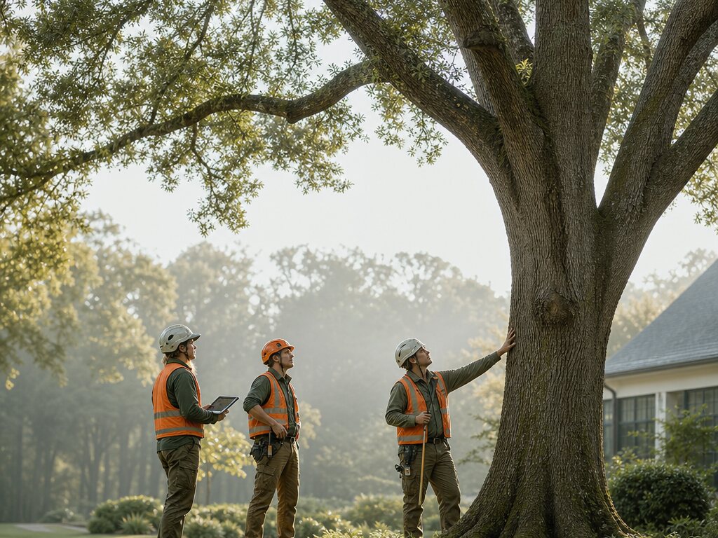 An arborist inspecting a mature tree on a landscaped property.