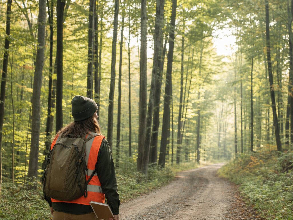 A forester walking an access road through a mixed hardwood forest.