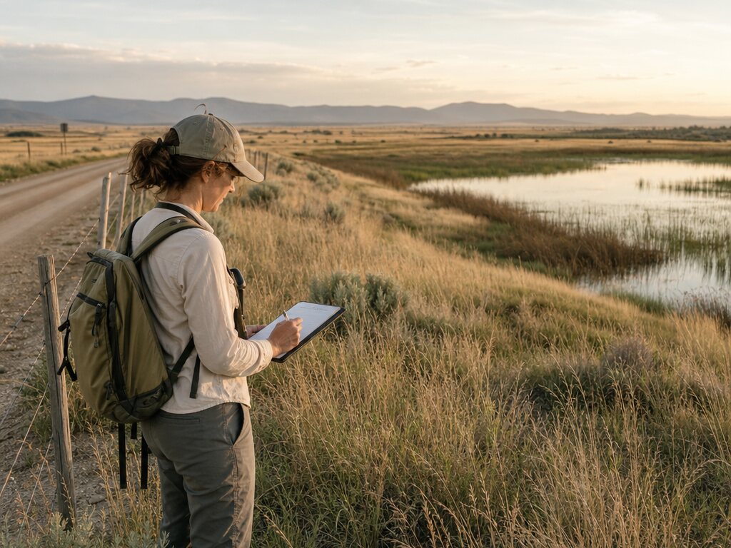 A land steward surveying a meadow and wetland edge from a rural access track.