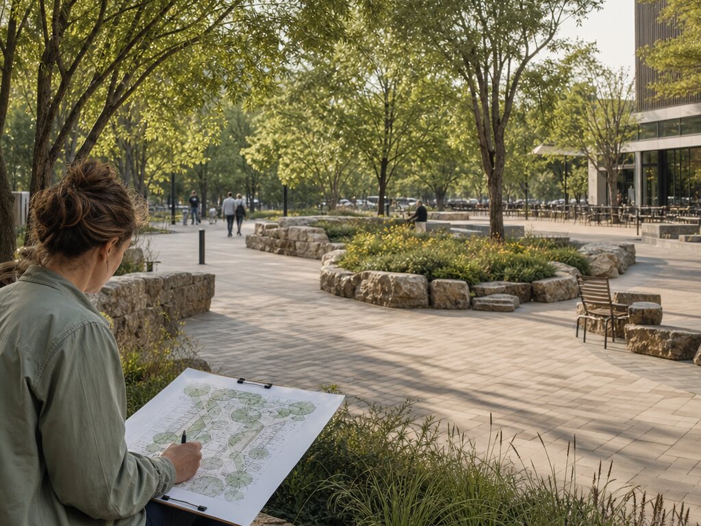 A landscape architect reviewing a site plan beside a planted public space.