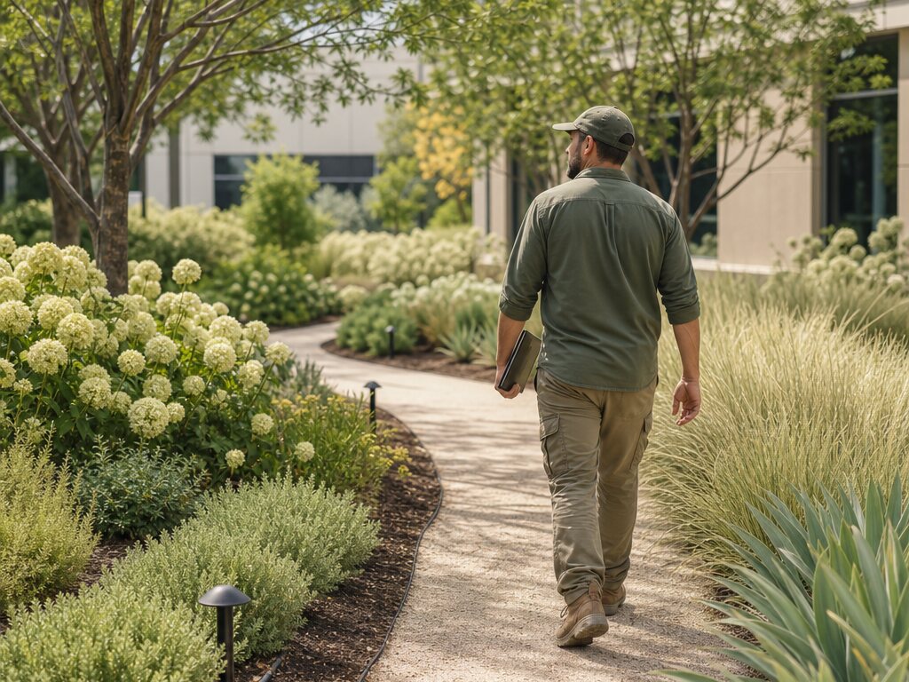 A landscaping professional walking through maintained garden beds on a commercial property.