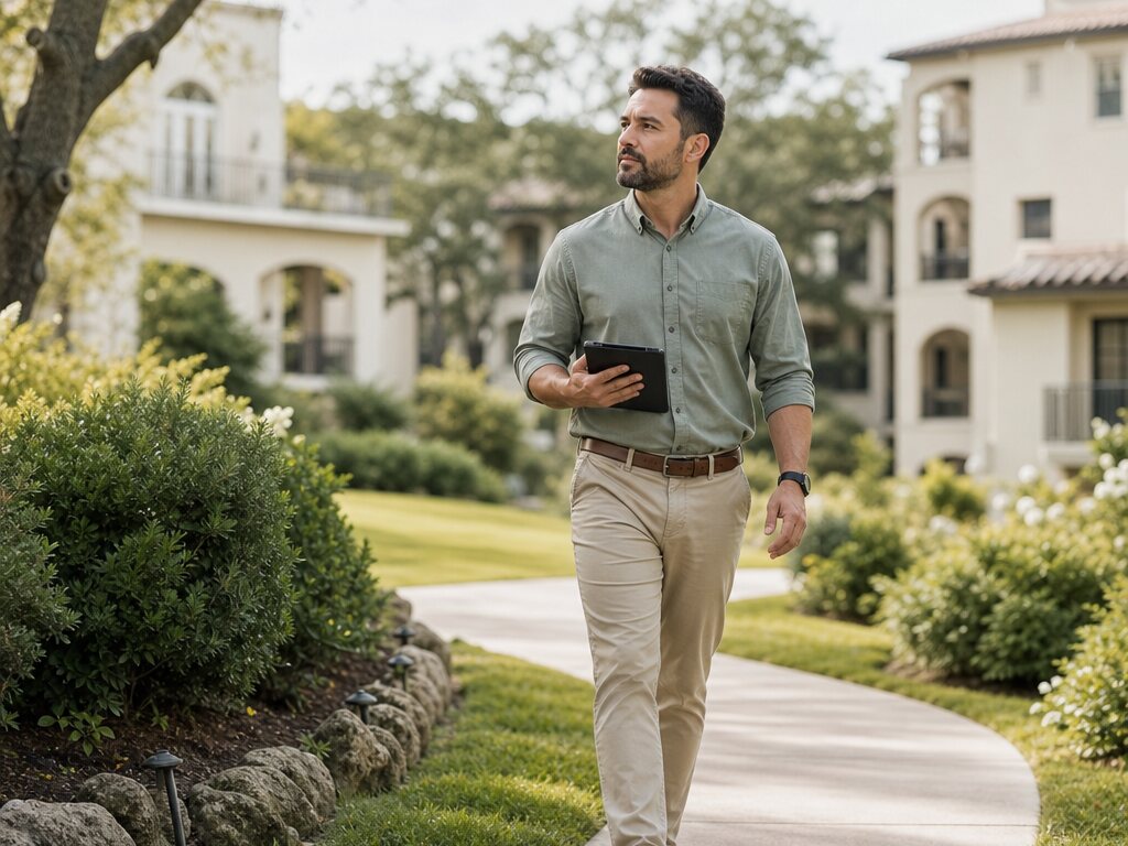 A facilities professional walking landscaped grounds at a large property.