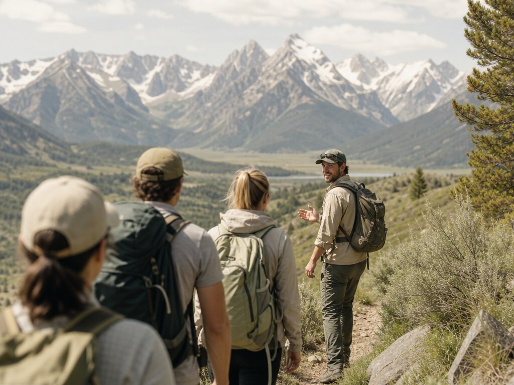 A hiking guide leading a small group along a scenic mountain trail.