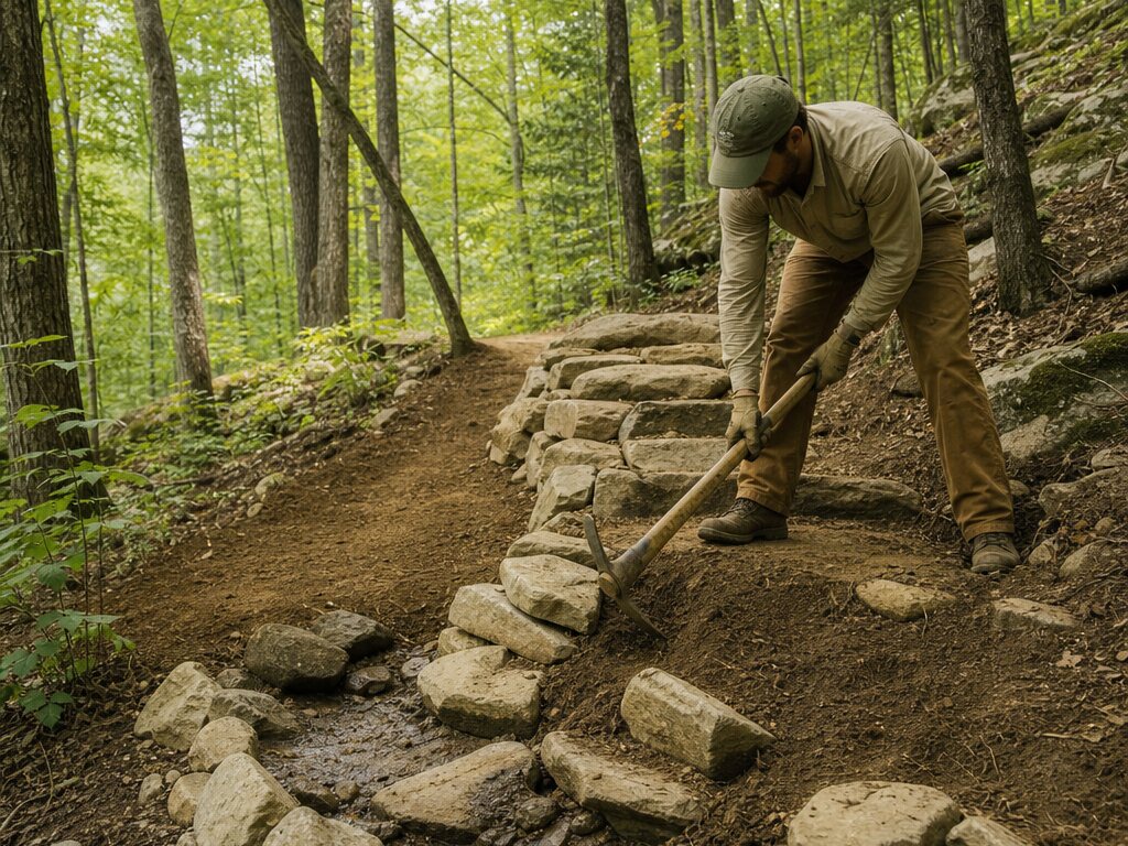 A trail builder shaping a woodland trail beside drainage work.